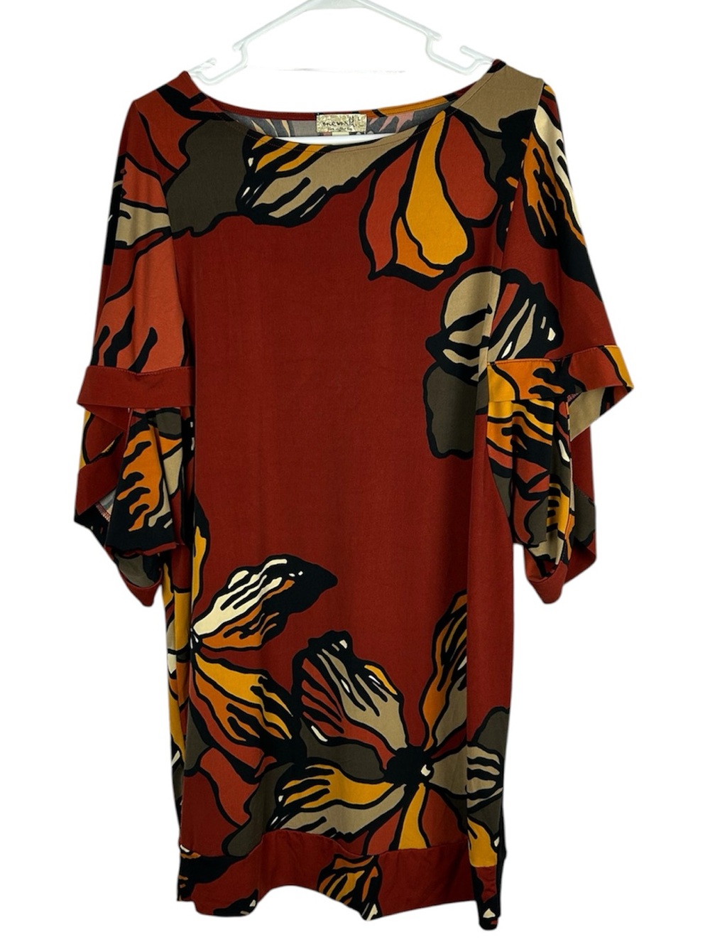 One World Live & Let Live Floral Tunic Mini Dress Rust Orange Large Boho